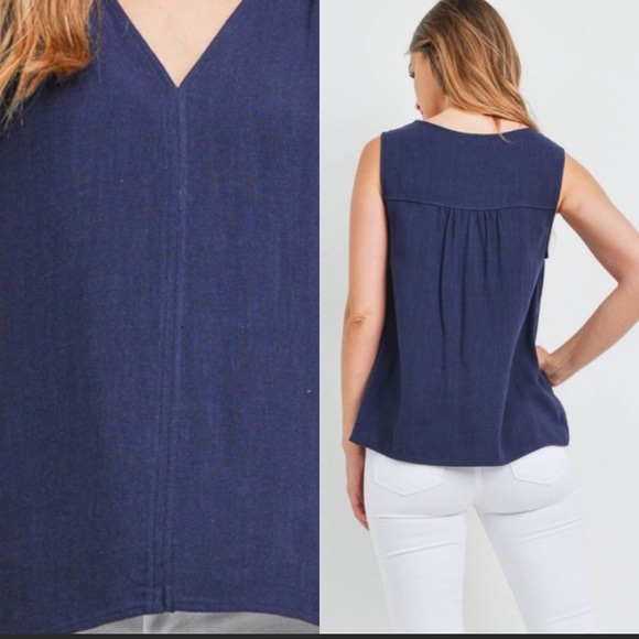 Sleeveless Linen Navy Blue Blouse - Picture 2 of 3